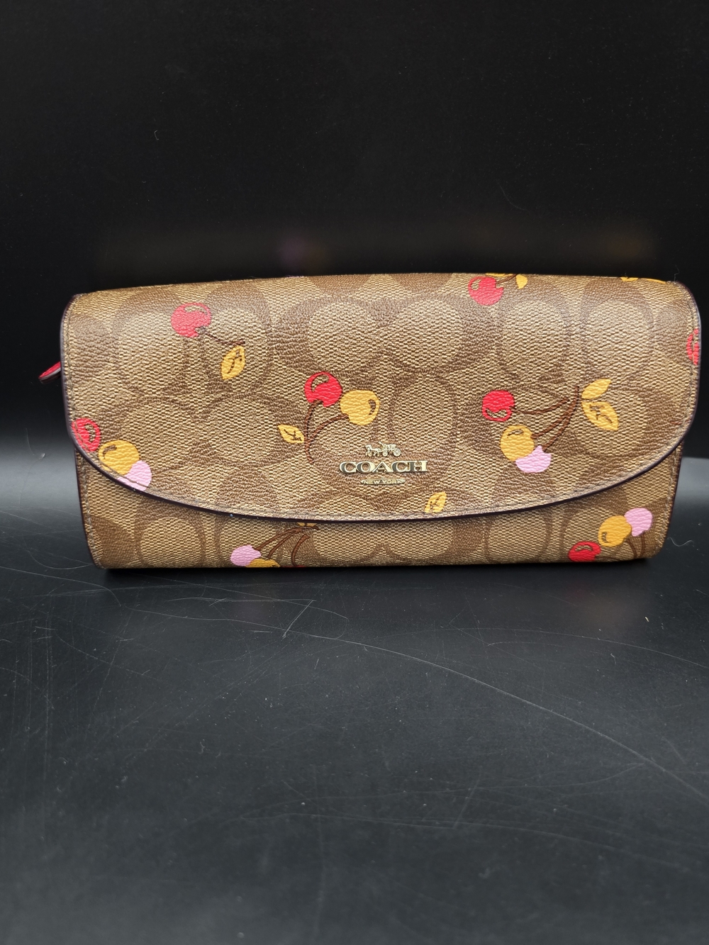 COACH Brown Signature Cherry Print Fold-Over Clutch